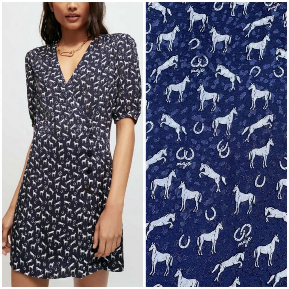 💕MAJE💕 Horse Print Jaquard Dress ~ Blue FR 34 = US XS NWT